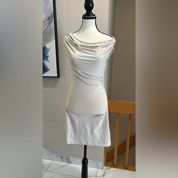 SHEIN Dresses & Skirts - SHEIN Cream Ruched Sheath Midi Dress off the shoulder Cocktail